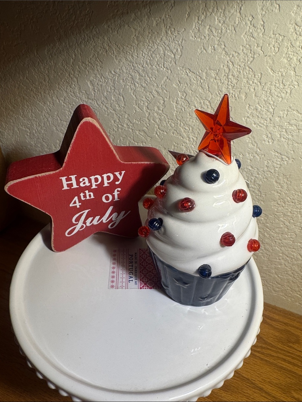 Patriotic Red & White Ceramic Cupcake Decoration with Star Topper